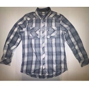 BKE Mens Blue White Plaid Western Pearl Snap Long Sleeve Shirt Med Standard Fit